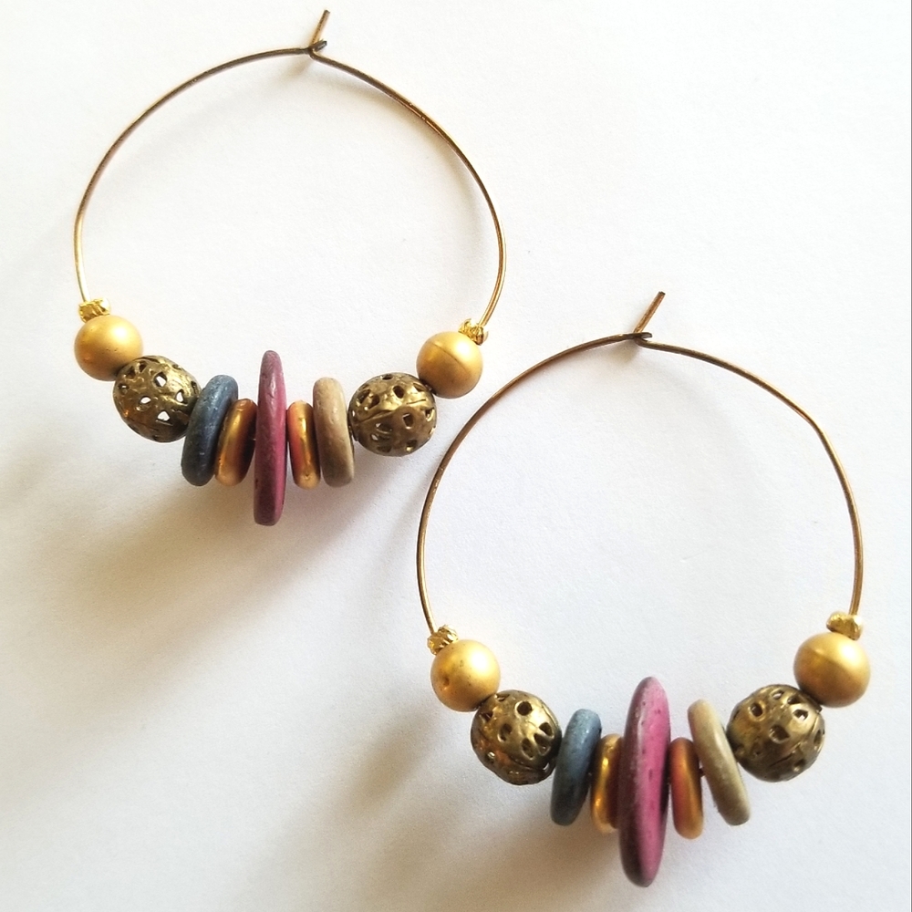 Vintage earrings beaded hoop earrings gold tone boho style